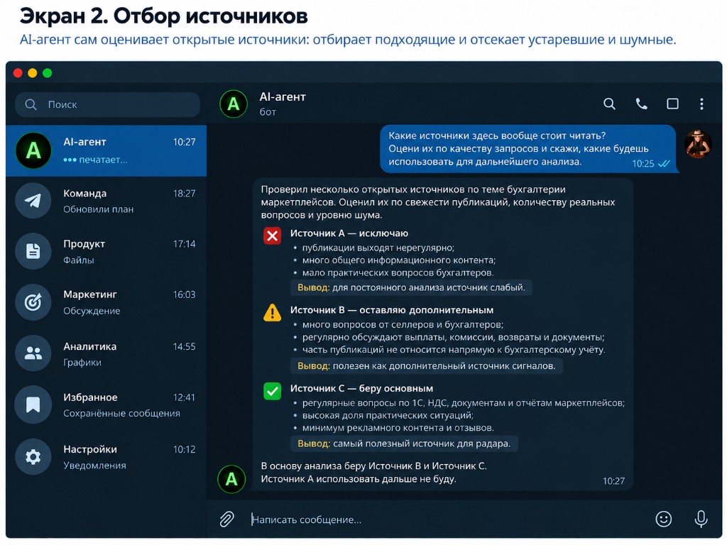 Экран 2. AI-агент оценивает источники и отбирает полезные