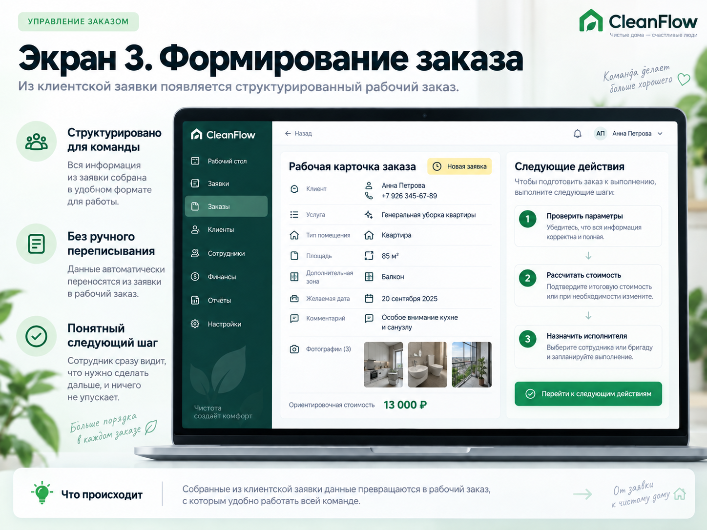 Рабочая карточка заказа с параметрами, стоимостью, статусом и следующими действиями команды